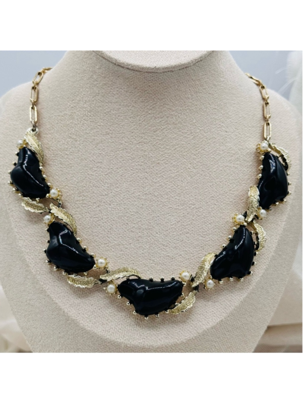 Vintage Coro Black Thermoset Kidney Bean Gold Leaf Design 14”